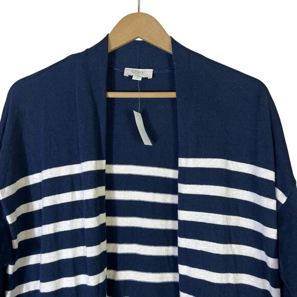 NWT LOFT Open Front Cardigan Womens M Navy Blue Striped 100% Cotton Coastal - Picture 4 of 8